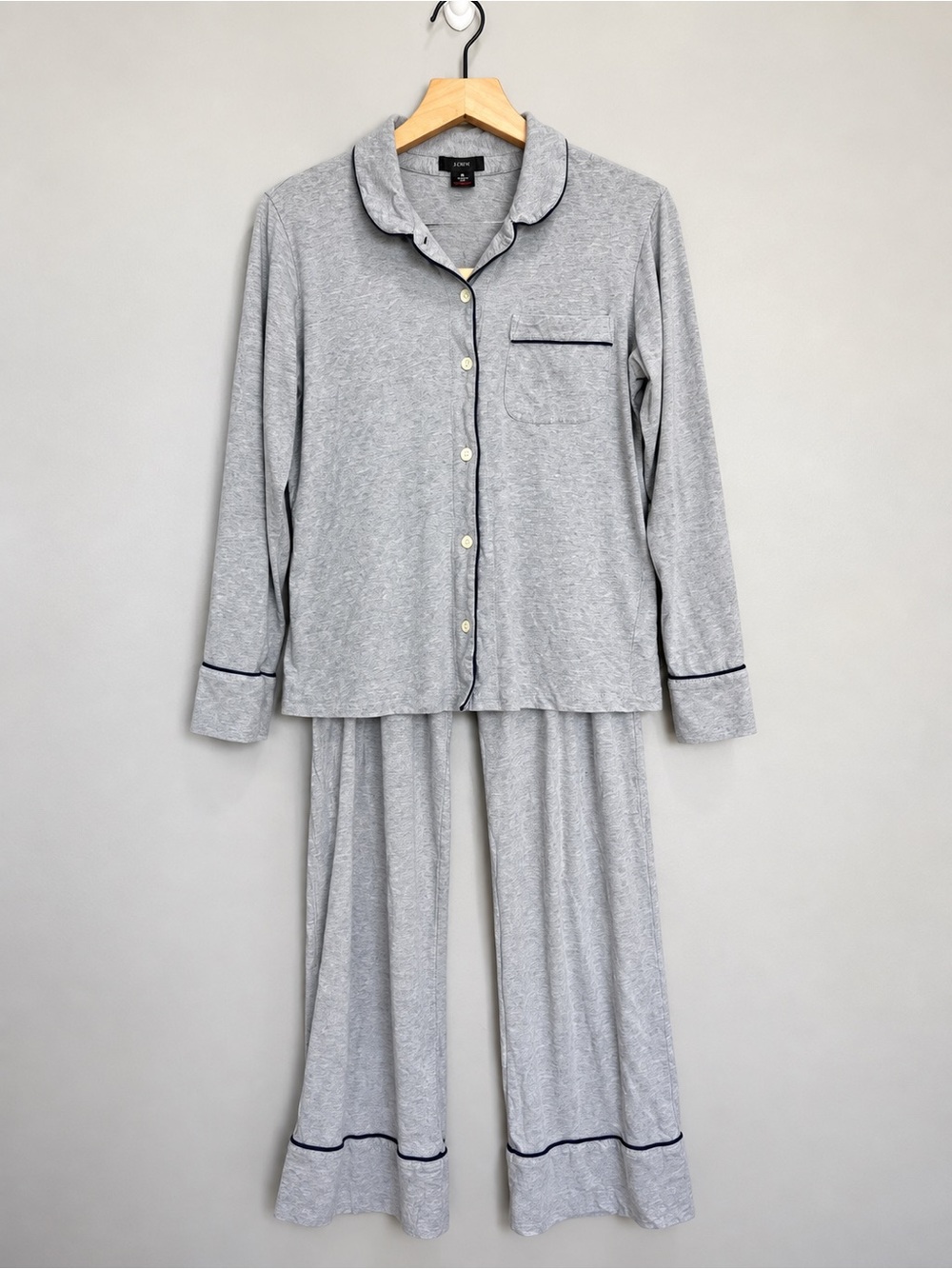 J.Crew Dreamy Cotton Pajama Set Gray Navy Piping Women’s M
